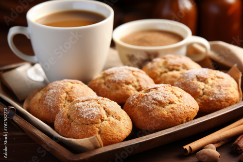 Tray of sugar cookies sits on wooden table next to cup of coffee. Cookies are arranged in neat row, and table is covered with cloth. Concept of warmth and comfort