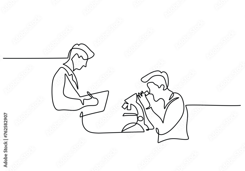 One continuous line of scientist bring paper and use microscope One continuous line of scientist bring paper and use microscope