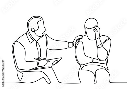one line drawing of man sitting at the reception of male psychologist