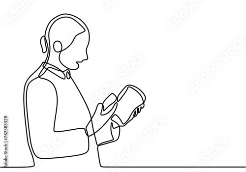 One line drawing of pharmacist holds medicines in her hands