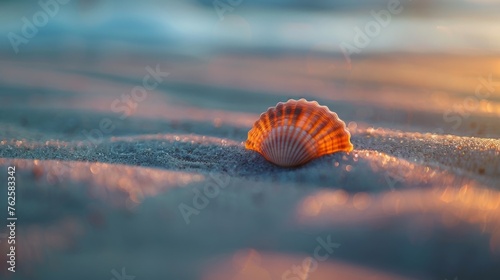 A single, perfectly symmetrical seashell resting on a bed of fine sand, illuminated by the soft glow of dawn, capturing a moment of quiet beauty and tranquility.