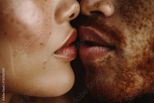 A close-up of a couple's lips barely touching in a kiss, with focus on the intimacy and the texture and tones of their skin