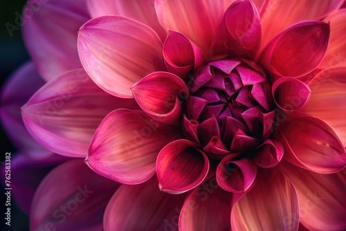 A macro image of a flower showing a gradient of colors from pink to deep magenta  with focus on the delicate petal structure and the flower s intricate center