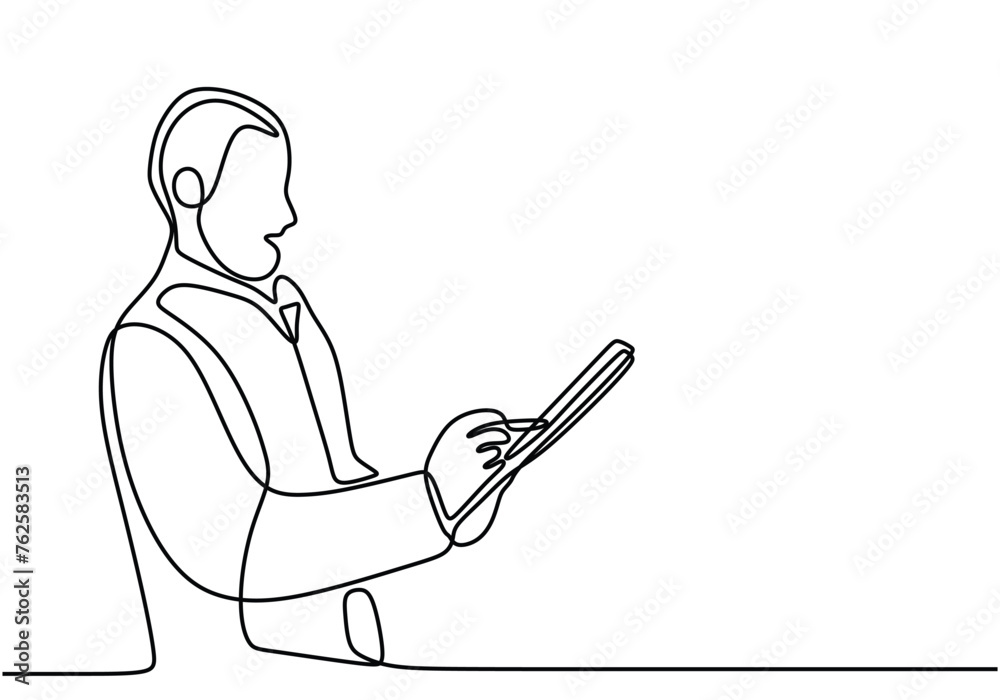 One line drawing of pharmacist holds medicines recipe in her hands One line drawing of pharmacist holds medicines recipe in her hands