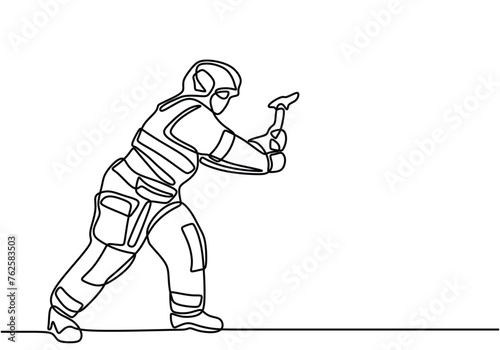 continuous line drawing of running firefighter with axe hammer.