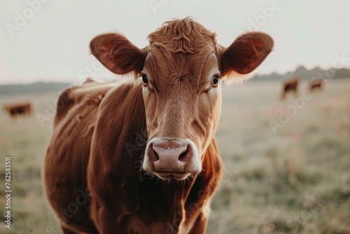 A cow in a field looking directly at the camera  with a playful and curious expression