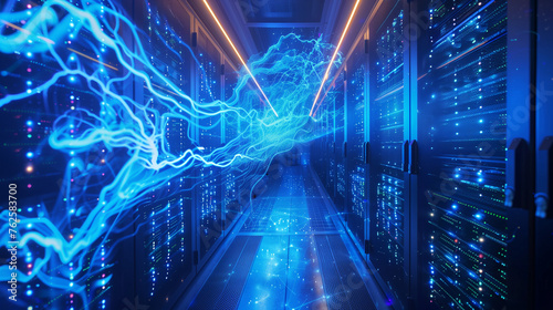 Futuristic server room data center with glowing lights 3D rendering