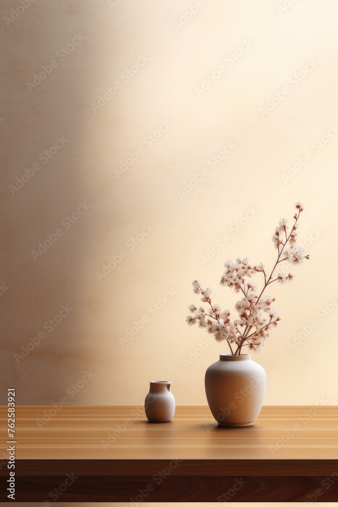 Vase with flowers sits on wooden table. Scene is simple and peaceful