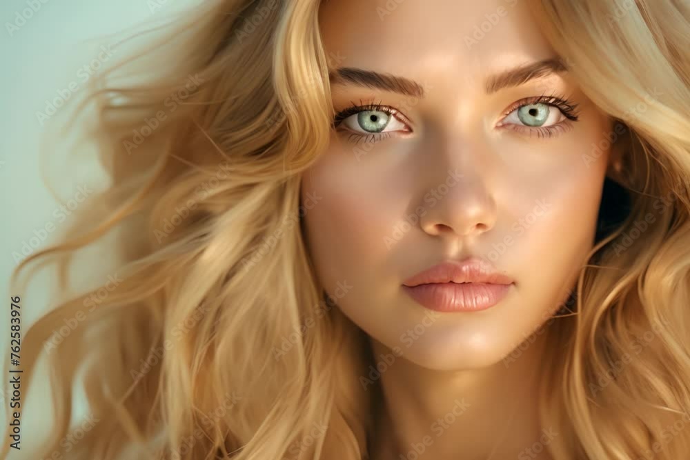 A stunning close-up portrait of a young woman with wavy blonde hair, captivating blue eyes, and soft, natural makeup, radiating beauty. A stunning close-up portrait of a young woman with wavy blonde hair, captivating blue eyes, and soft, natural makeup, radiating beauty.