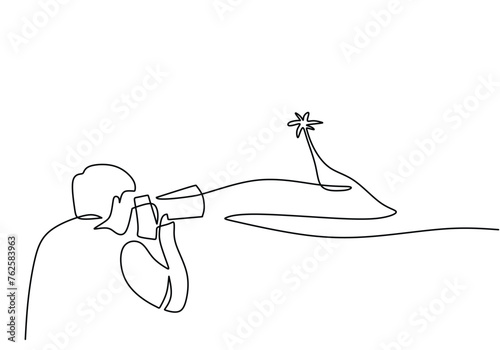One continuous line of photographer with digital camera and tripod.