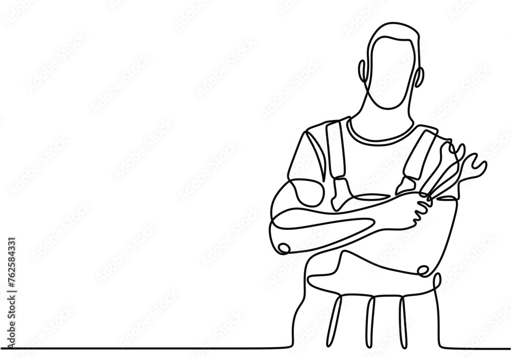 Single continuous line drawing mechanic holding the wrench works