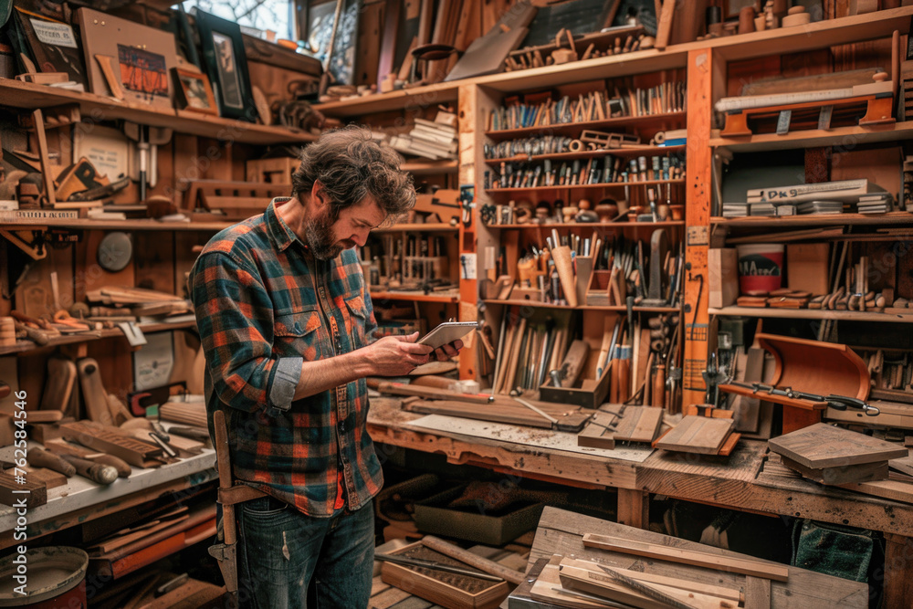A craftsman in a plaid shirt engrossed in reading or working on a tablet in a woodworking workshop, surrounded by shelves filled with various wooden items and tools A craftsman in a plaid shirt engrossed in reading or working on a tablet in a woodworking workshop, surrounded by shelves filled with various wooden items and tools