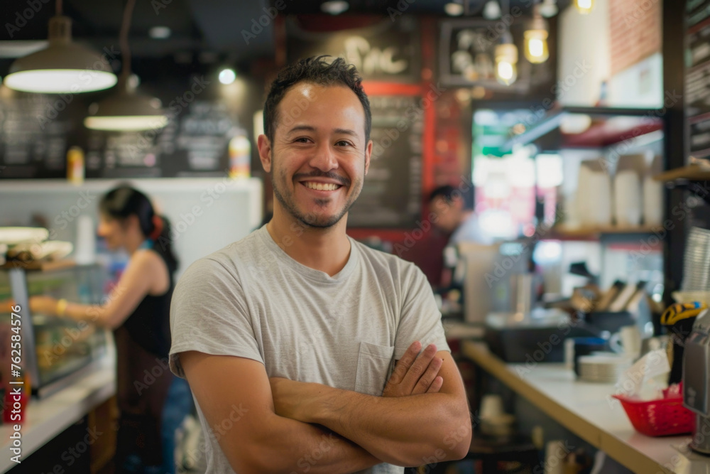 A smiling man with crossed arms standing confidently in a cafe or small business establishment, with an employee working in the background A smiling man with crossed arms standing confidently in a cafe or small business establishment, with an employee working in the background