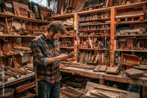 A craftsman in a plaid shirt engrossed in reading or working on a tablet in a woodworking workshop, surrounded by shelves filled with various wooden items and tools