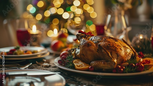 Large roasted turkey is centerpiece of festive table with many other dishes and decorations. Table is set with plates, forks, knives, and spoons, and there are several wine glasses