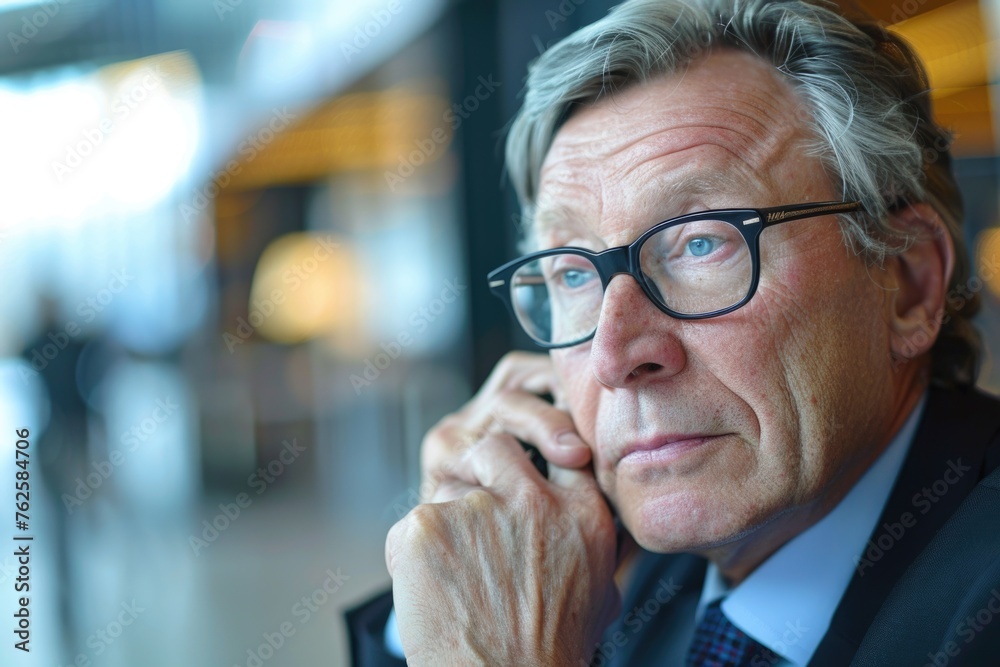 A businessman in a suit and glasses talking on the phone with a thoughtful expression, likely in an office environment A businessman in a suit and glasses talking on the phone with a thoughtful expression, likely in an office environment