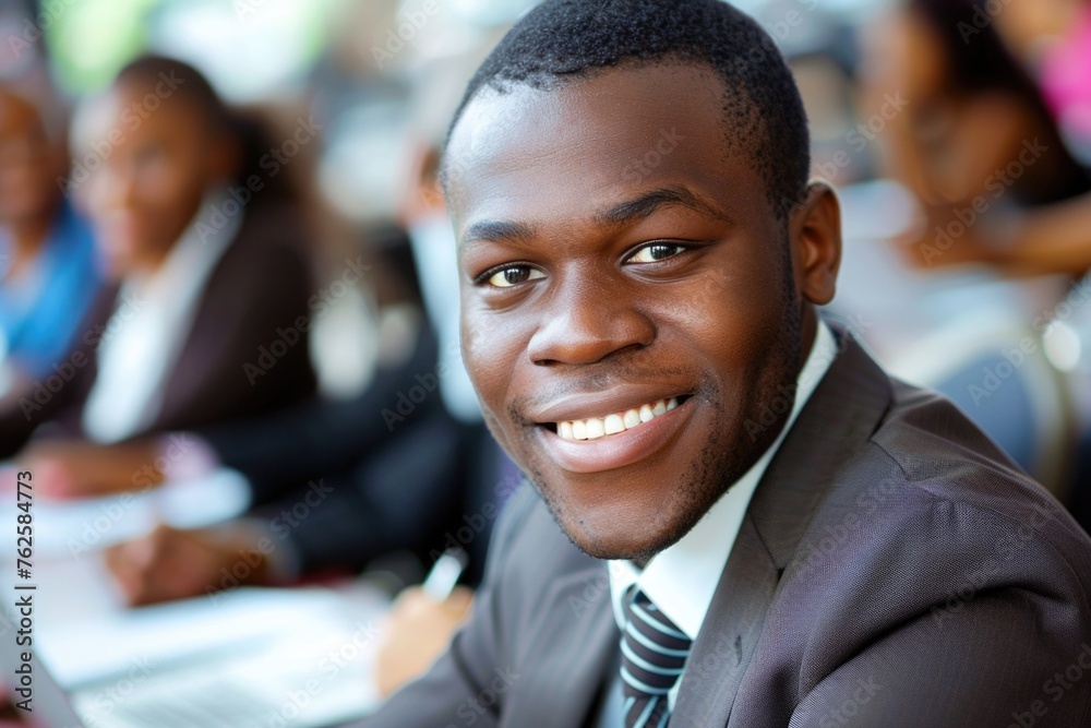 A professional African American business leader looking directly at the camera with a pleasant smile, with colleagues working in the background A professional African American business leader looking directly at the camera with a pleasant smile, with colleagues working in the background