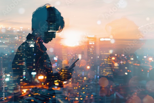 artistic double-exposure image of a businessman holding a smartphone with a panoramic cityscape at sunrise blended into the background  evoking themes of connectivity and pace of modern business life