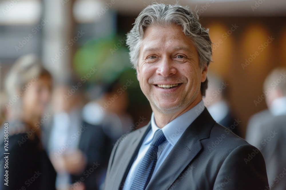 A mature businessman with a confident smile, wearing a suit and tie, with blurred colleagues in the background, suggesting leadership or team management