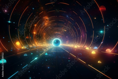 Space neon tunnel. Space motion bright speed flash. Generate Ai