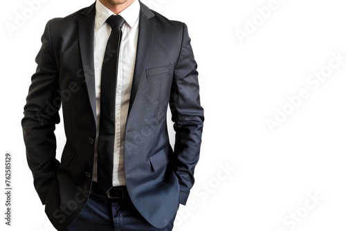 A cropped image of a man in a suit set against a white background, focusing on his posture and attire, likely representing professionalism and formality