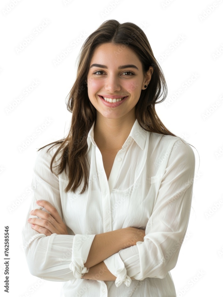 A smiling businesswoman in a white blouse, posed against a white background, looking directly at the camera with her arms crossed A smiling businesswoman in a white blouse, posed against a white background, looking directly at the camera with her arms crossed