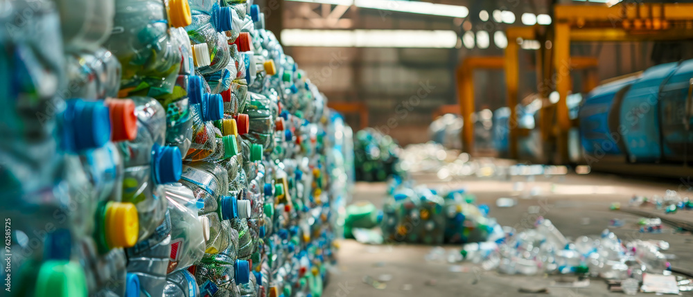 A pile of plastic bottles, different colors and sizes in a recycling plant. Concept of recycling