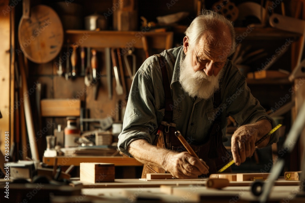 An older, bearded man in a workshop, holding a measuring tape, indicative of a craftsman or carpenter. The environment is rustic with tools and wood