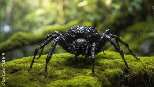 Closeup view of black spider with its body covered in shiny black exoskeleton © Natallia