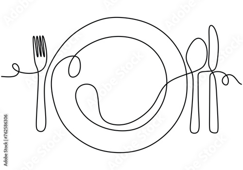 One continuous single line drawing of plate, spoon, fork and knife