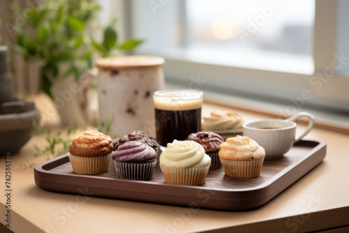 Tray of assorted cupcakes sits on table next to cup of coffee. Cupcakes are arranged in way that makes them look inviting and delicious. Coffee cup is filled with dark liquid
