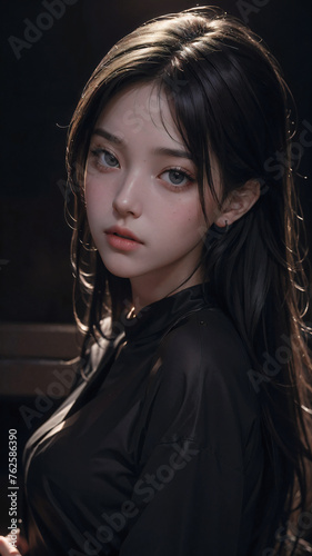 Beautiful young asian girl portrait with long silky hair and black clothes