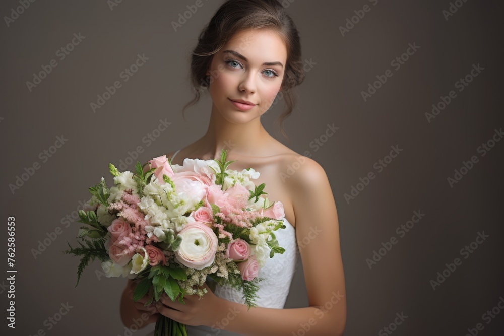 Fototapeta premium Beautiful pastel wedding bouquet in bride's hands