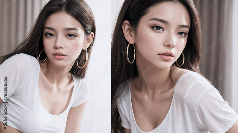 Beautiful young asian girl portrait with hoop earrings long silky hair and white clothes Beautiful young asian girl portrait with hoop earrings long silky hair and white clothes