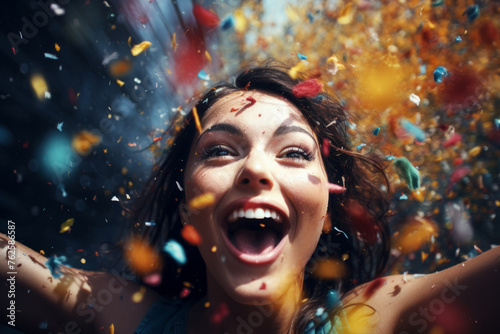 Woman is smiling and surrounded by colorful confetti. Concept of joy and celebration © vefimov