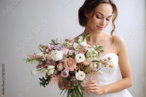 Beautiful pastel wedding bouquet in bride's hands