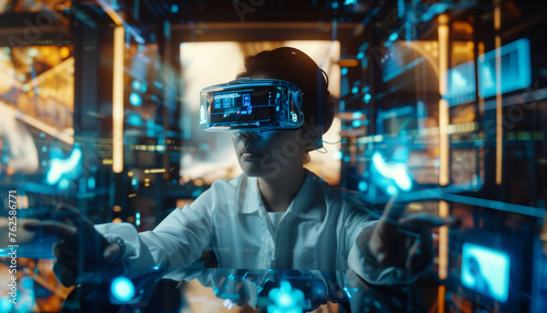 An Asian man wearing a white lab coat and a VR headset with a hologram in front of him, writing code or hacking in a control room surrounded by computer screens and projections 