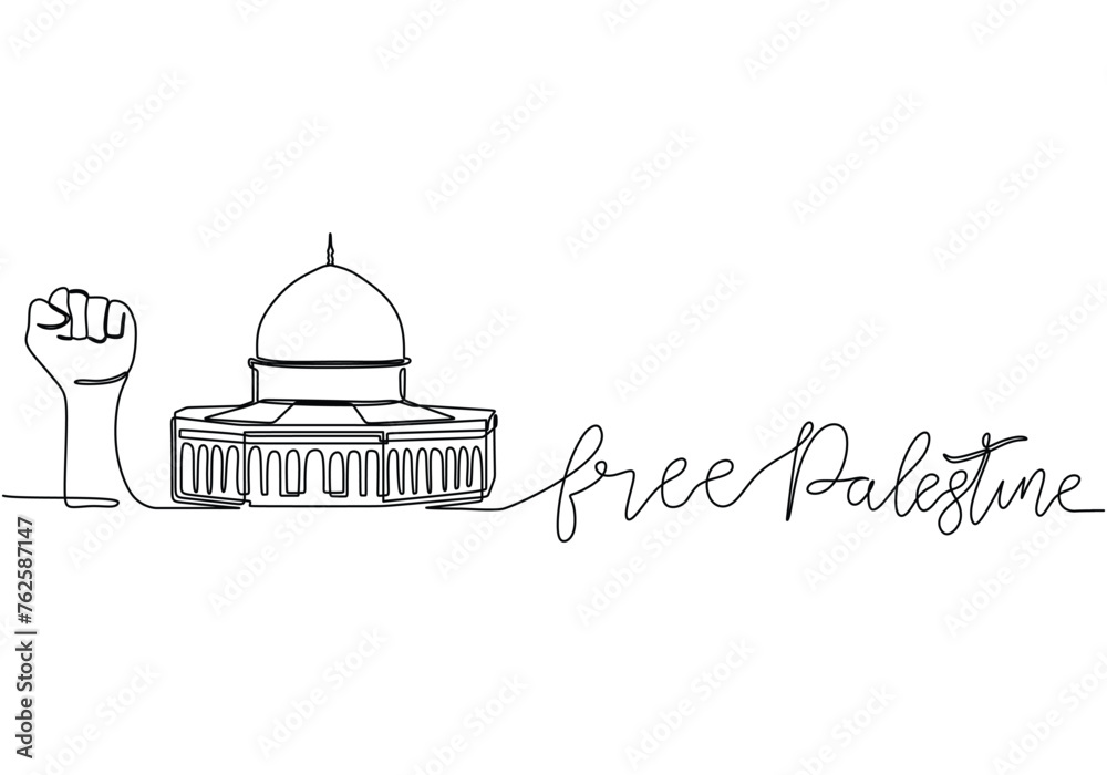 One continuous line drawing of mosque and free Palestine word