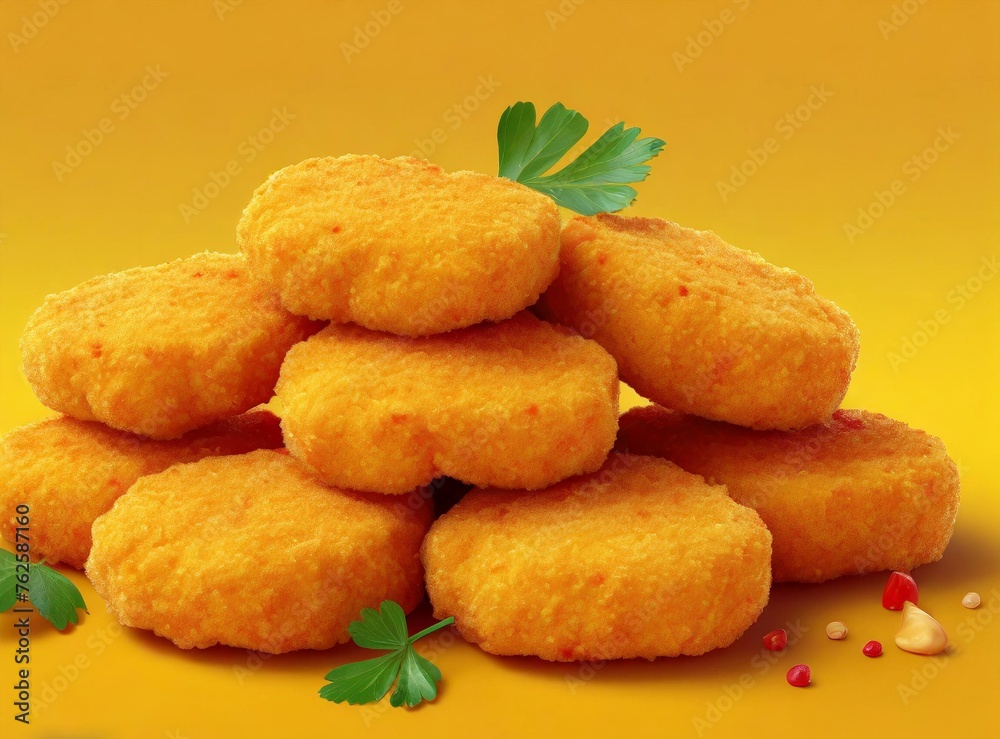 Chicken nuggets isolated on yellow background. 3d rendering, illustration design.