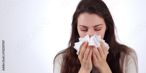 Woman is blowing her nose with tissue. She is looking away from camera. Concept of discomfort and illness