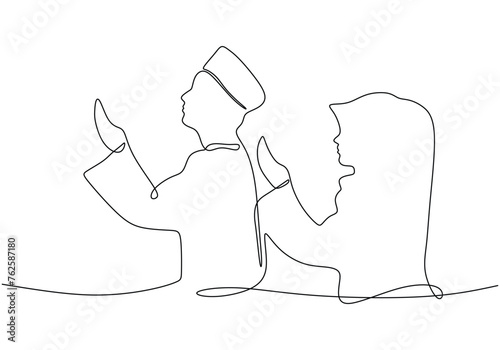 Continuous line, one-line, man woman muslim praying