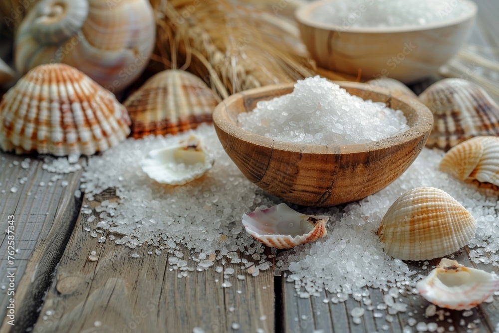 Marine salts on wooden table with sand and shells elevated Marine salts on wooden table with sand and shells elevated
