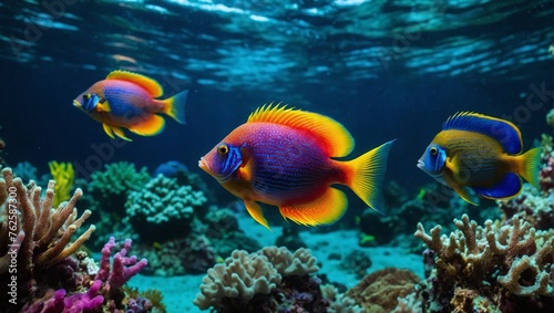 Vibrant colored fish swimming in a tropical reef underwater