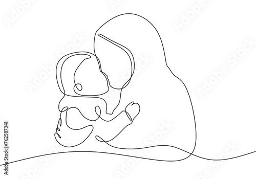 one continuous line of muslim woman holding baby pray for palestine