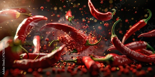 Close up of red peppers with lot of red pepper flakes on ground. Peppers are scattered all over ground and some are even in air. Scene is chaotic and messy