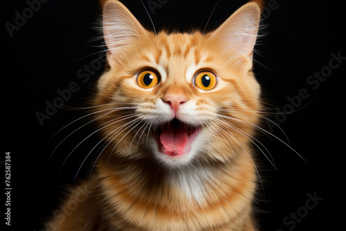 Cat with big yellow smile on its face. Cat is looking at camera and he is happy