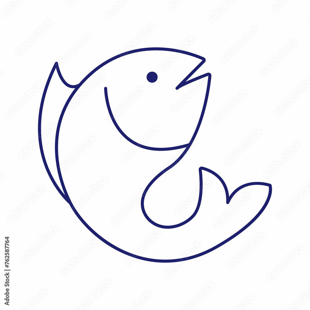 Obraz premium Minimal fish icons showing aquatic animals with various fins, scales, tails and gills swimming in water, as a skeleton or in a bowl. Thin line art about fish. Editable Stroke. Fish icon line. Eps 10