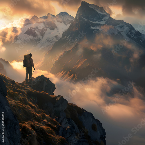 Lone Backpacker Conquering a Mountain Peak: Adventure, Exploration, and the Majesty of Nature © Lewis