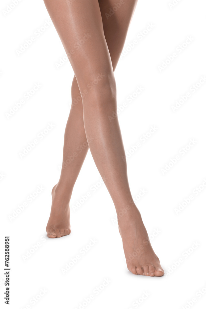 Woman with beautiful long legs wearing tights on white background, closeup Woman with beautiful long legs wearing tights on white background, closeup