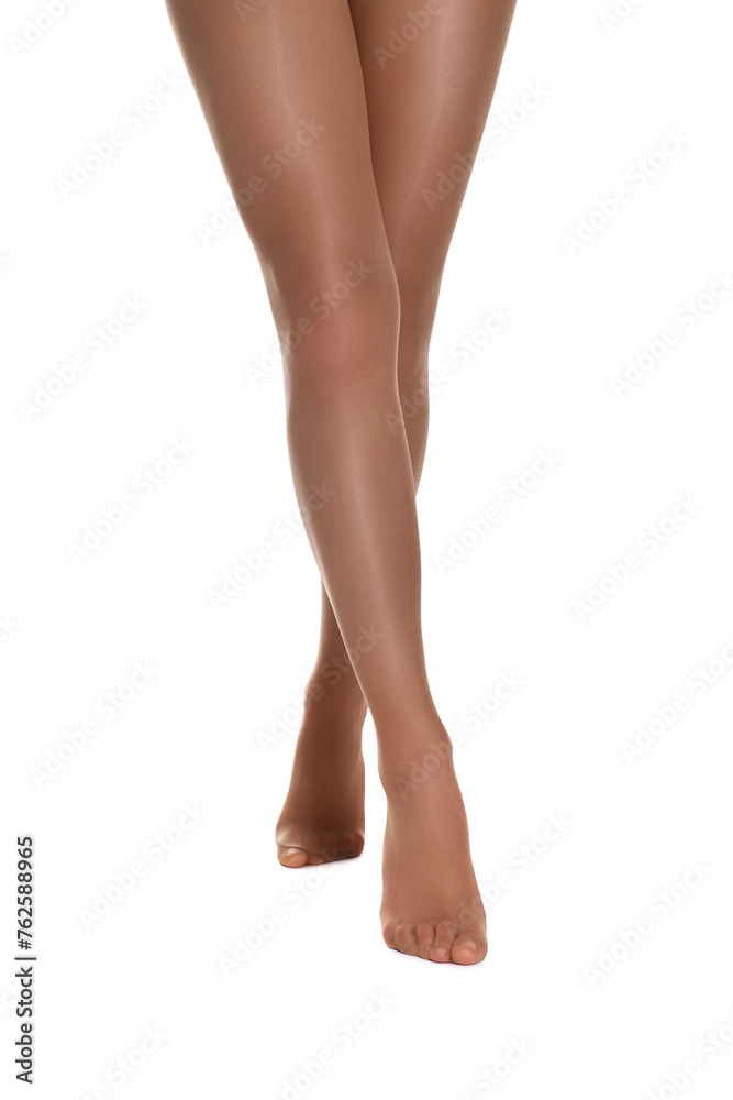 Woman with beautiful long legs wearing tights on white background, closeup Woman with beautiful long legs wearing tights on white background, closeup